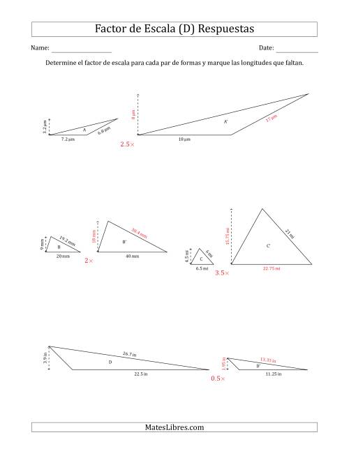 La hoja de ejercicios de Determine el Factor de Escala de Dos Triángulos y las Longitudes que Faltan (Factores de Escala en Intervalos de 0.5) (D) Página 2