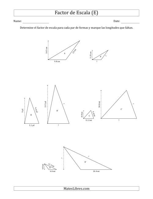 La hoja de ejercicios de Determine el Factor de Escala de Dos Triángulos y las Longitudes que Faltan (Factores de Escala en Intervalos de 0.5) (E)