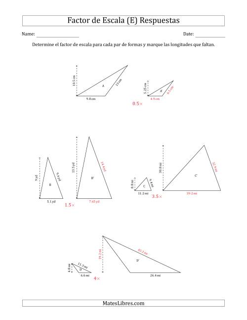 La hoja de ejercicios de Determine el Factor de Escala de Dos Triángulos y las Longitudes que Faltan (Factores de Escala en Intervalos de 0.5) (E) Página 2