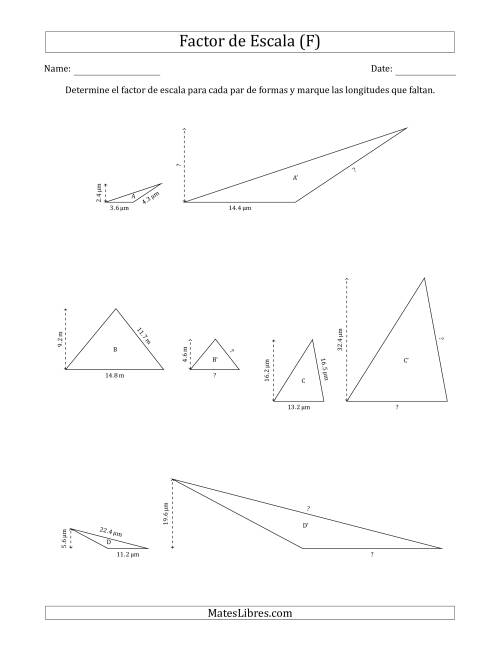 La hoja de ejercicios de Determine el Factor de Escala de Dos Triángulos y las Longitudes que Faltan (Factores de Escala en Intervalos de 0.5) (F)