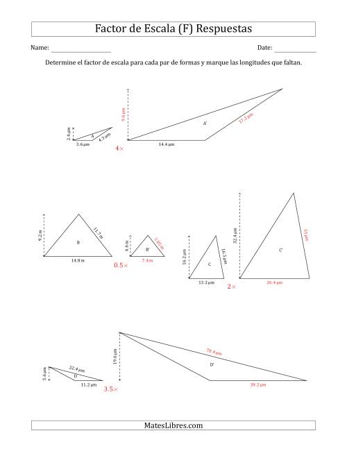 La hoja de ejercicios de Determine el Factor de Escala de Dos Triángulos y las Longitudes que Faltan (Factores de Escala en Intervalos de 0.5) (F) Página 2