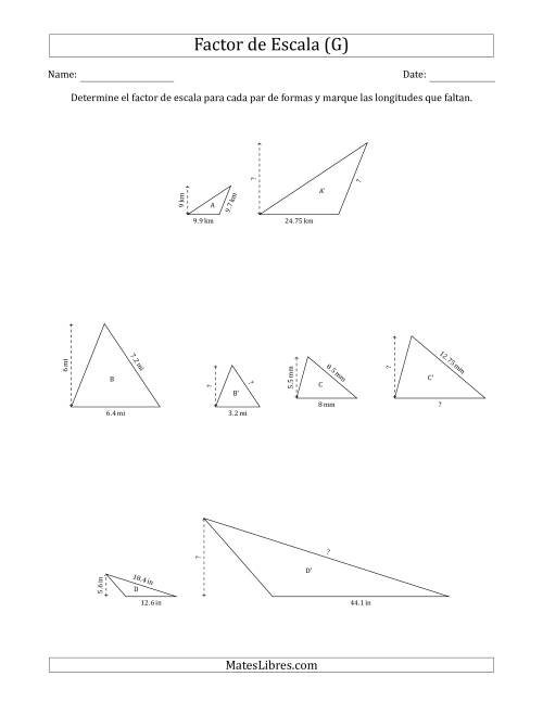 La hoja de ejercicios de Determine el Factor de Escala de Dos Triángulos y las Longitudes que Faltan (Factores de Escala en Intervalos de 0.5) (G)