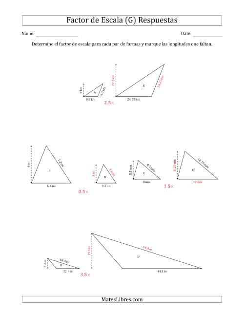 La hoja de ejercicios de Determine el Factor de Escala de Dos Triángulos y las Longitudes que Faltan (Factores de Escala en Intervalos de 0.5) (G) Página 2