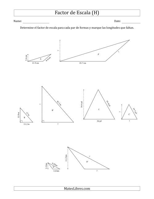 La hoja de ejercicios de Determine el Factor de Escala de Dos Triángulos y las Longitudes que Faltan (Factores de Escala en Intervalos de 0.5) (H)