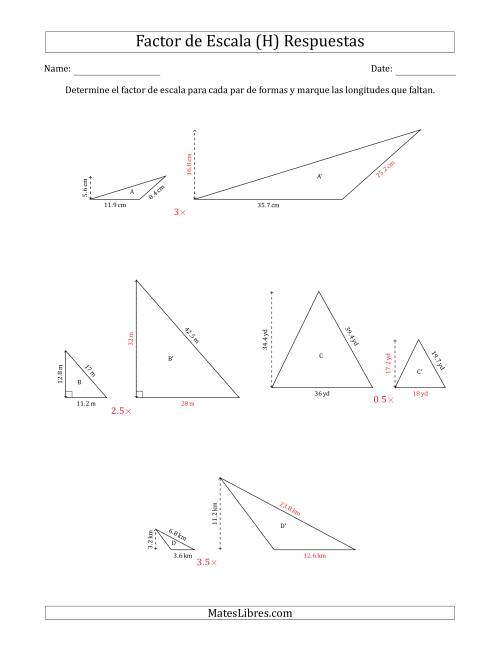 La hoja de ejercicios de Determine el Factor de Escala de Dos Triángulos y las Longitudes que Faltan (Factores de Escala en Intervalos de 0.5) (H) Página 2