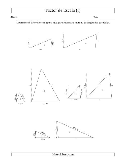La hoja de ejercicios de Determine el Factor de Escala de Dos Triángulos y las Longitudes que Faltan (Factores de Escala en Intervalos de 0.5) (I)