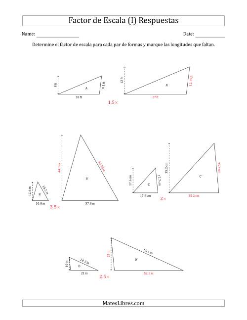 La hoja de ejercicios de Determine el Factor de Escala de Dos Triángulos y las Longitudes que Faltan (Factores de Escala en Intervalos de 0.5) (I) Página 2
