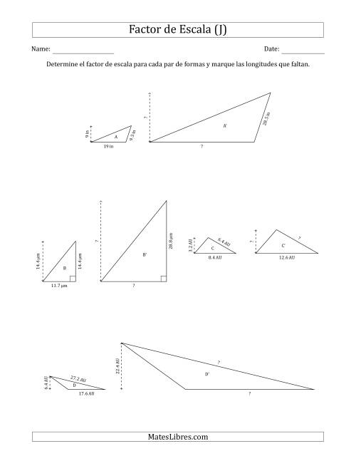 La hoja de ejercicios de Determine el Factor de Escala de Dos Triángulos y las Longitudes que Faltan (Factores de Escala en Intervalos de 0.5) (J)