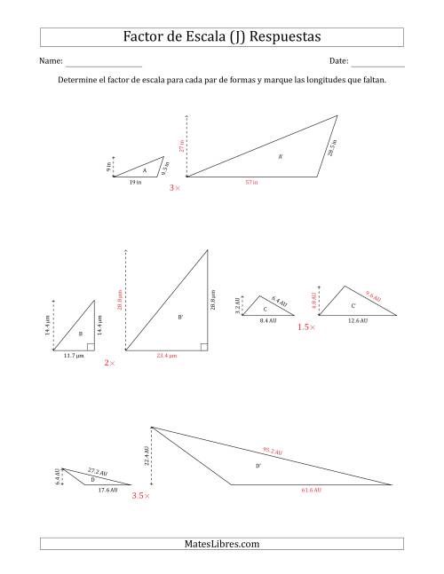 La hoja de ejercicios de Determine el Factor de Escala de Dos Triángulos y las Longitudes que Faltan (Factores de Escala en Intervalos de 0.5) (J) Página 2