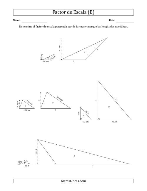La hoja de ejercicios de Determine el Factor de Escala de Dos Triángulos y las Longitudes que Faltan (Factores de Escala en Intervalos Enteros) (B)