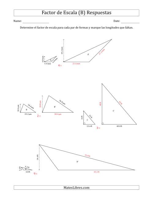 La hoja de ejercicios de Determine el Factor de Escala de Dos Triángulos y las Longitudes que Faltan (Factores de Escala en Intervalos Enteros) (B) Página 2