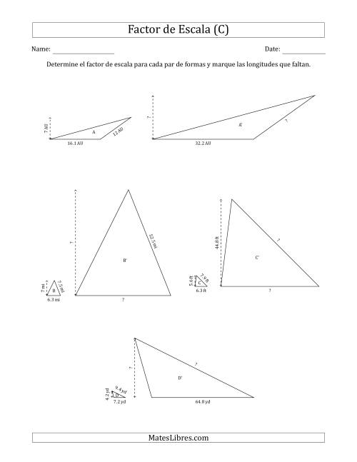 La hoja de ejercicios de Determine el Factor de Escala de Dos Triángulos y las Longitudes que Faltan (Factores de Escala en Intervalos Enteros) (C)