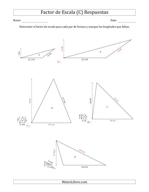 La hoja de ejercicios de Determine el Factor de Escala de Dos Triángulos y las Longitudes que Faltan (Factores de Escala en Intervalos Enteros) (C) Página 2