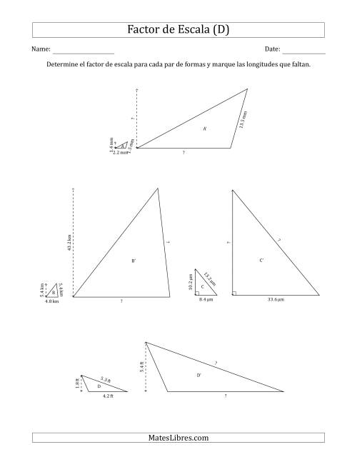 La hoja de ejercicios de Determine el Factor de Escala de Dos Triángulos y las Longitudes que Faltan (Factores de Escala en Intervalos Enteros) (D)