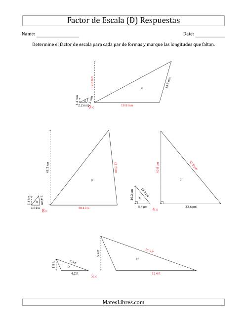 La hoja de ejercicios de Determine el Factor de Escala de Dos Triángulos y las Longitudes que Faltan (Factores de Escala en Intervalos Enteros) (D) Página 2