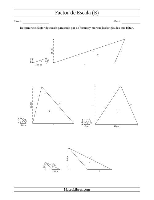 La hoja de ejercicios de Determine el Factor de Escala de Dos Triángulos y las Longitudes que Faltan (Factores de Escala en Intervalos Enteros) (E)