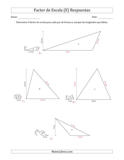 La hoja de ejercicios de Determine el Factor de Escala de Dos Triángulos y las Longitudes que Faltan (Factores de Escala en Intervalos Enteros) (E) Página 2