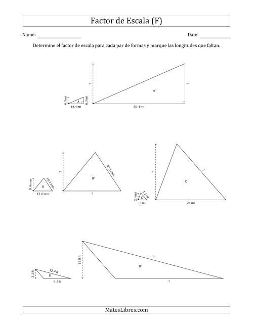 La hoja de ejercicios de Determine el Factor de Escala de Dos Triángulos y las Longitudes que Faltan (Factores de Escala en Intervalos Enteros) (F)