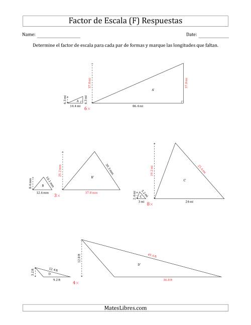 La hoja de ejercicios de Determine el Factor de Escala de Dos Triángulos y las Longitudes que Faltan (Factores de Escala en Intervalos Enteros) (F) Página 2