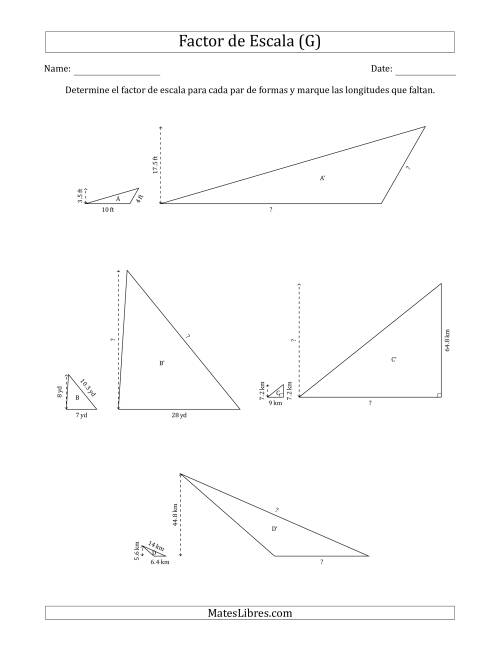 La hoja de ejercicios de Determine el Factor de Escala de Dos Triángulos y las Longitudes que Faltan (Factores de Escala en Intervalos Enteros) (G)