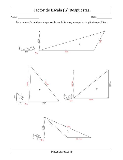 La hoja de ejercicios de Determine el Factor de Escala de Dos Triángulos y las Longitudes que Faltan (Factores de Escala en Intervalos Enteros) (G) Página 2