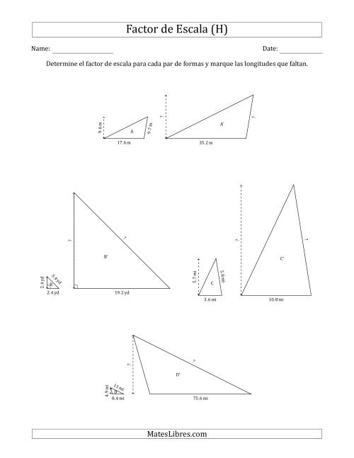 La hoja de ejercicios de Determine el Factor de Escala de Dos Triángulos y las Longitudes que Faltan (Factores de Escala en Intervalos Enteros) (H)