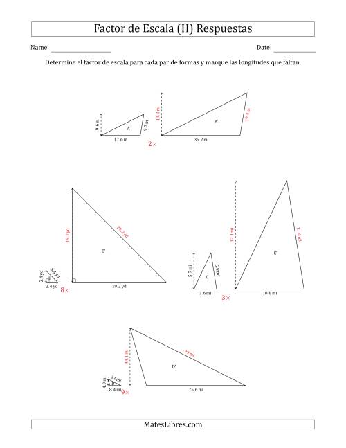 La hoja de ejercicios de Determine el Factor de Escala de Dos Triángulos y las Longitudes que Faltan (Factores de Escala en Intervalos Enteros) (H) Página 2