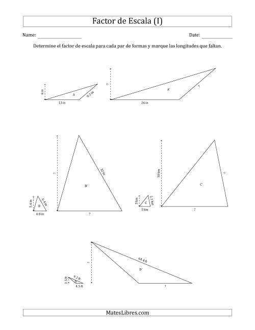 La hoja de ejercicios de Determine el Factor de Escala de Dos Triángulos y las Longitudes que Faltan (Factores de Escala en Intervalos Enteros) (I)