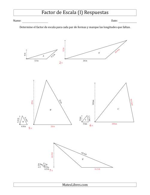 La hoja de ejercicios de Determine el Factor de Escala de Dos Triángulos y las Longitudes que Faltan (Factores de Escala en Intervalos Enteros) (I) Página 2