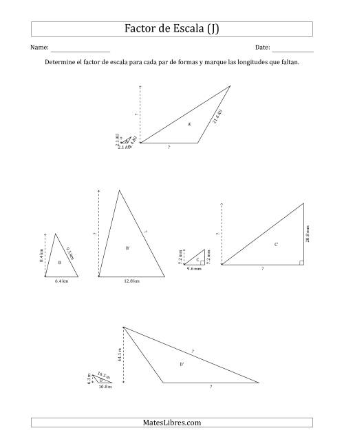 La hoja de ejercicios de Determine el Factor de Escala de Dos Triángulos y las Longitudes que Faltan (Factores de Escala en Intervalos Enteros) (J)