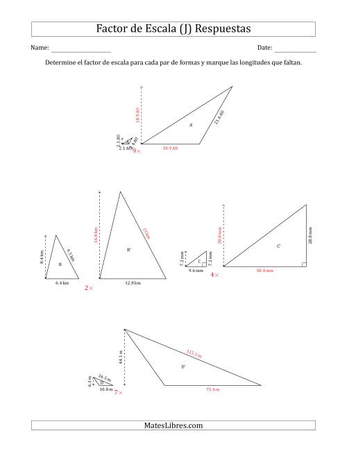 La hoja de ejercicios de Determine el Factor de Escala de Dos Triángulos y las Longitudes que Faltan (Factores de Escala en Intervalos Enteros) (J) Página 2
