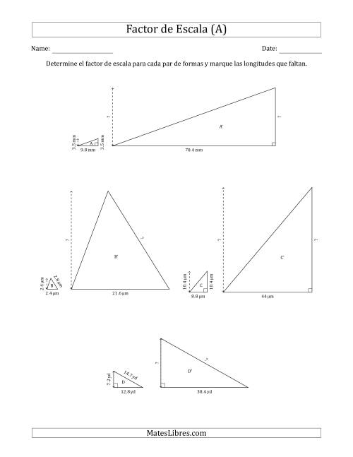 La hoja de ejercicios de Determine el Factor de Escala de Dos Triángulos y las Longitudes que Faltan (Factores de Escala en Intervalos Enteros) (Todas)