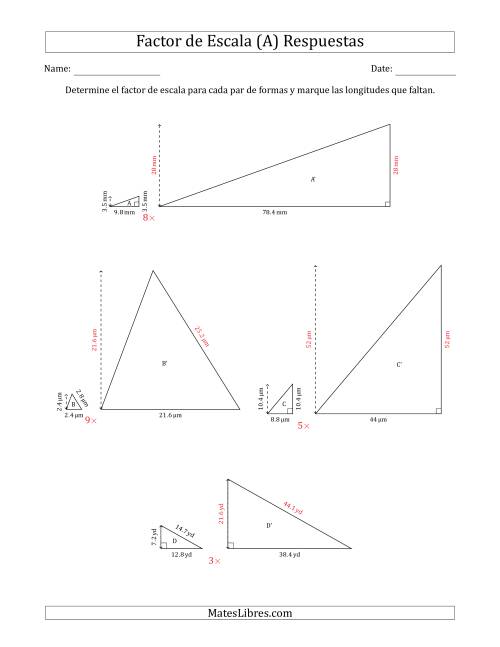 La hoja de ejercicios de Determine el Factor de Escala de Dos Triángulos y las Longitudes que Faltan (Factores de Escala en Intervalos Enteros) (Todas) Página 2