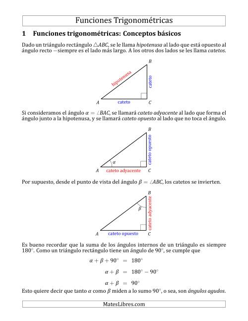 La hoja de ejercicios de Funciones Trigonométricas en Triángulos Rectángulos