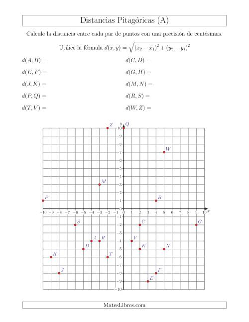 La hoja de ejercicios de Calcular la distancia entre dos puntos usando el Teorema de Pitágoras (A)