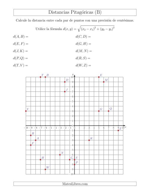 La hoja de ejercicios de Calcular la distancia entre dos puntos usando el Teorema de Pitágoras (B)