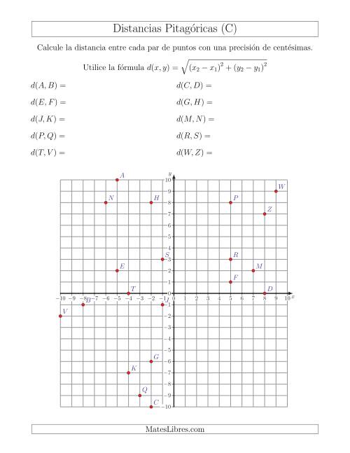La hoja de ejercicios de Calcular la distancia entre dos puntos usando el Teorema de Pitágoras (C)