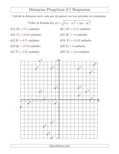 La hoja de ejercicios de Calcular la distancia entre dos puntos usando el Teorema de Pitágoras (C) Página 2
