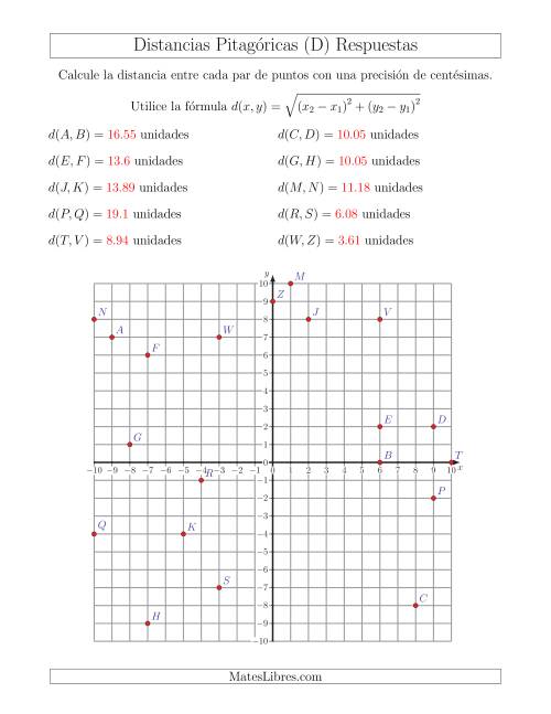 La hoja de ejercicios de Calcular la distancia entre dos puntos usando el Teorema de Pitágoras (D) Página 2