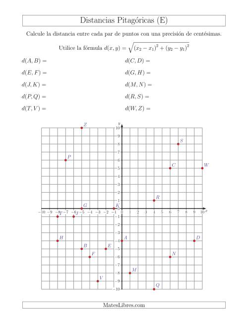 La hoja de ejercicios de Calcular la distancia entre dos puntos usando el Teorema de Pitágoras (E)