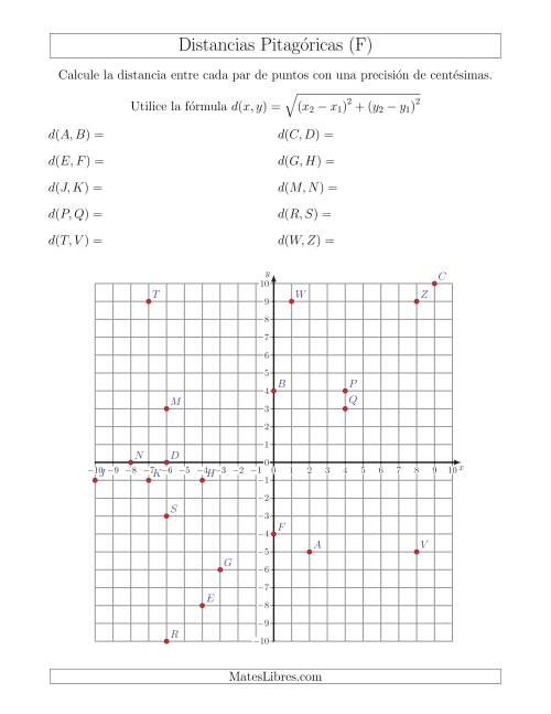 La hoja de ejercicios de Calcular la distancia entre dos puntos usando el Teorema de Pitágoras (F)