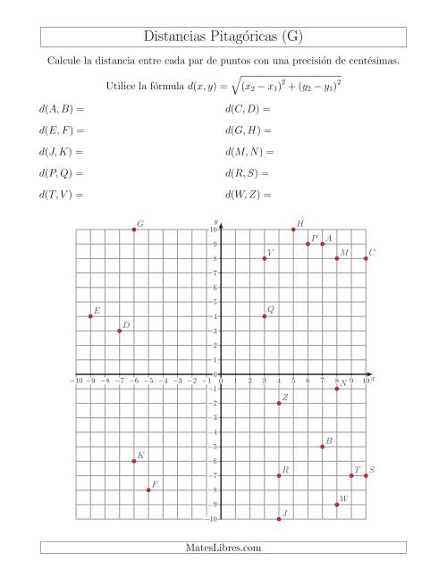 La hoja de ejercicios de Calcular la distancia entre dos puntos usando el Teorema de Pitágoras (G)
