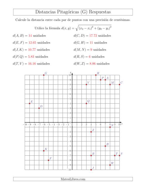 La hoja de ejercicios de Calcular la distancia entre dos puntos usando el Teorema de Pitágoras (G) Página 2