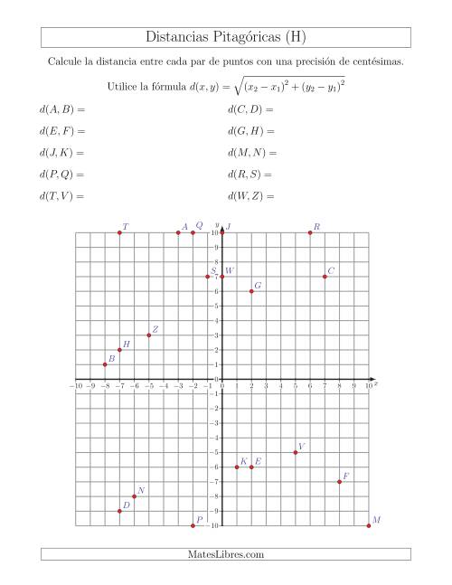 La hoja de ejercicios de Calcular la distancia entre dos puntos usando el Teorema de Pitágoras (H)