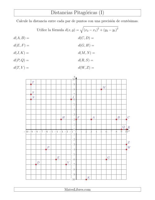 La hoja de ejercicios de Calcular la distancia entre dos puntos usando el Teorema de Pitágoras (I)