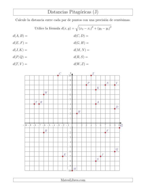 La hoja de ejercicios de Calcular la distancia entre dos puntos usando el Teorema de Pitágoras (J)