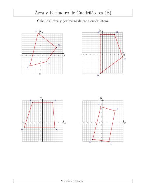 La hoja de ejercicios de Calcular el Área y el Perímetro de Cuadriláteros a partir de sus coordenadas (B)
