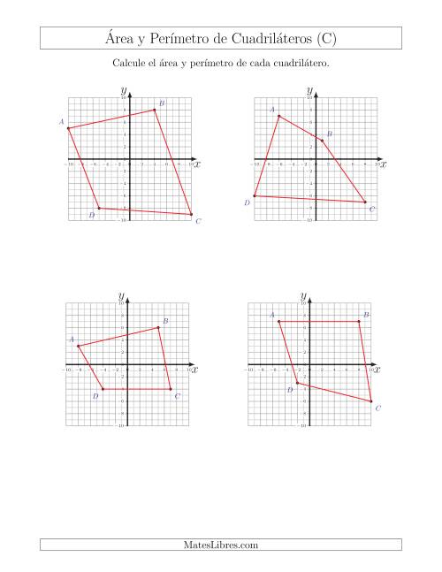 La hoja de ejercicios de Calcular el Área y el Perímetro de Cuadriláteros a partir de sus coordenadas (C)