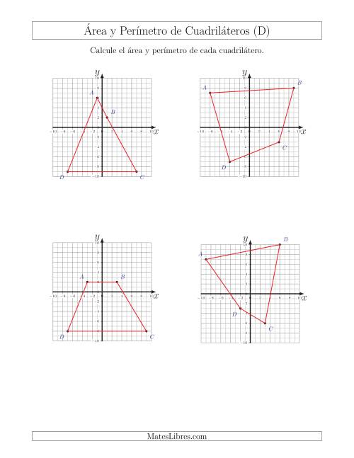 La hoja de ejercicios de Calcular el Área y el Perímetro de Cuadriláteros a partir de sus coordenadas (D)