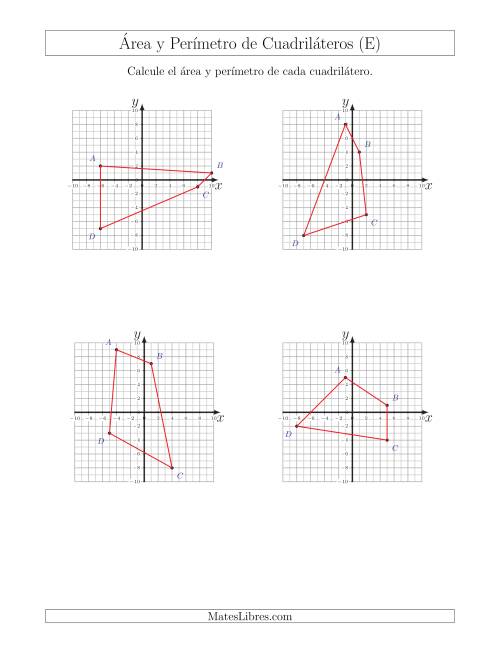 La hoja de ejercicios de Calcular el Área y el Perímetro de Cuadriláteros a partir de sus coordenadas (E)